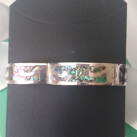 Sterling Silver 5 Panel Hinged Hecho en Mexico Abalone Inlay bracelet, 7" - Picture 4 of 8
